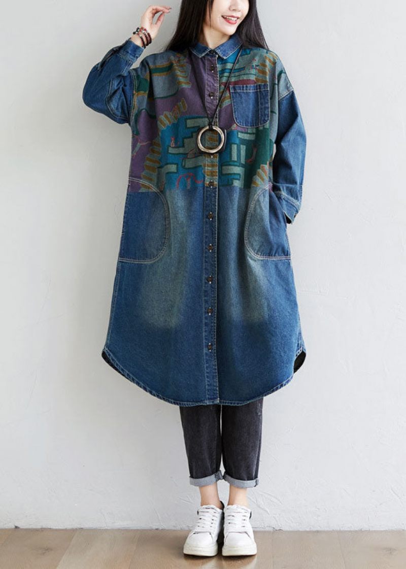 Italiensk Blå Peter Pan Krave Lommer Print Denim Coat Spring - Dame vinterfrakker