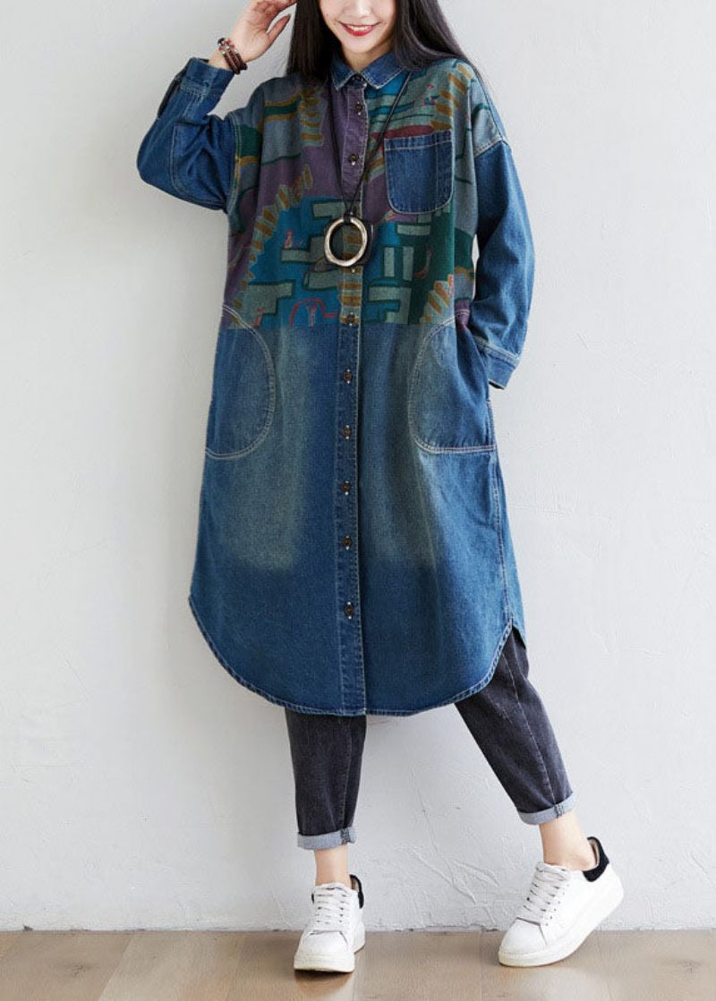 Italiensk Blå Peter Pan Krave Lommer Print Denim Coat Spring - Dame vinterfrakker