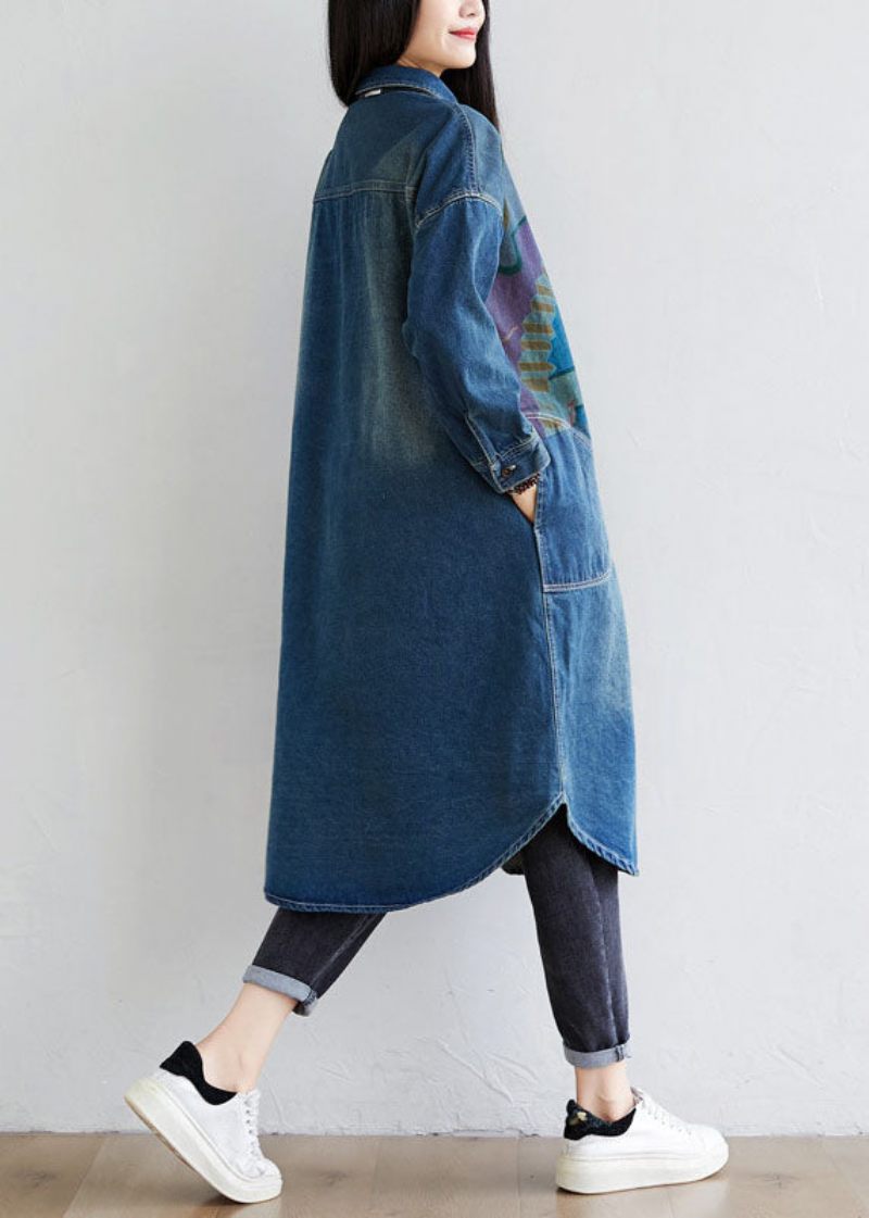 Italiensk Blå Peter Pan Krave Lommer Print Denim Coat Spring - Dame vinterfrakker