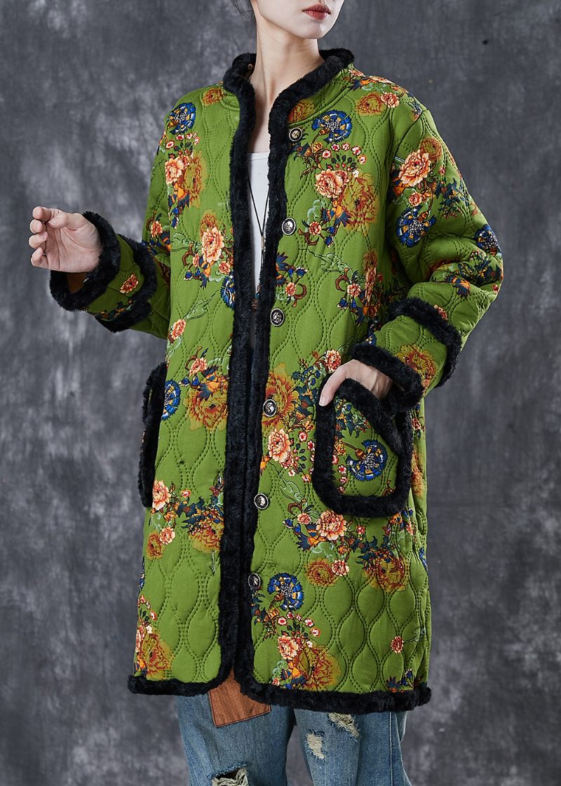 Italiensk Grønt Print Patchwork Varm Fleece Trench Winter