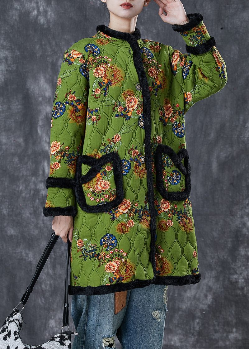 Italiensk Grønt Print Patchwork Varm Fleece Trench Winter - Dame vinterfrakker