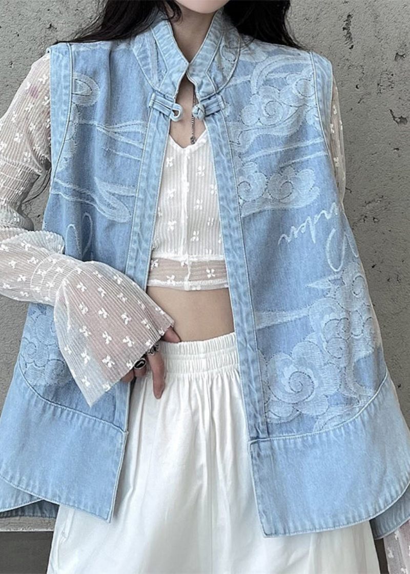 Italiensk Lyseblå Stand Krave Print Patchwork Denim Vest Efterår