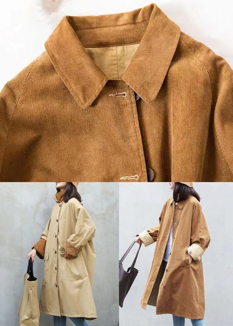 Italienske Khaki Knap Lommer Patchwork Corduroy Frakker Efterår - Dame vinterfrakker