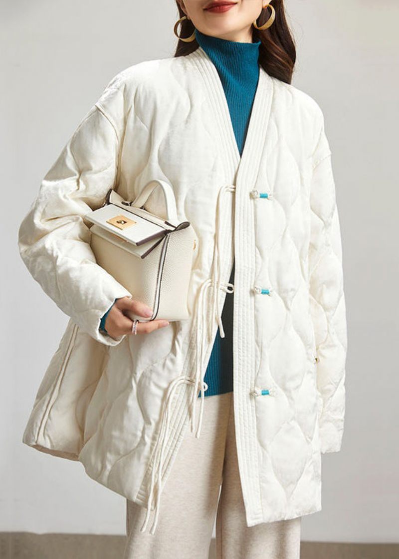 Jacquard Beige V-hals Knap Patchwork Duck Down Coat Spring