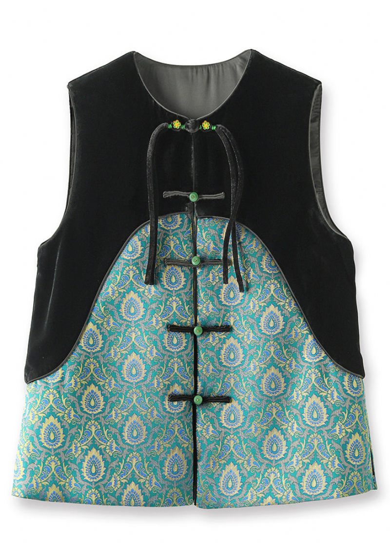 Jacquard Grøn O-hals Knap Patchwork Silke Velour Vest Ærmeløs - Dame vinterfrakker