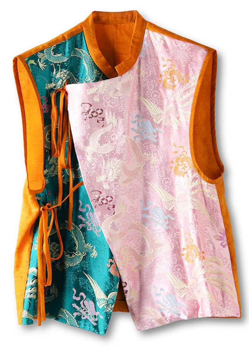 Jacquard Orange Asymmetrisk Lace Up Patchwork Silkevest Ærmeløs - Dame vinterfrakker