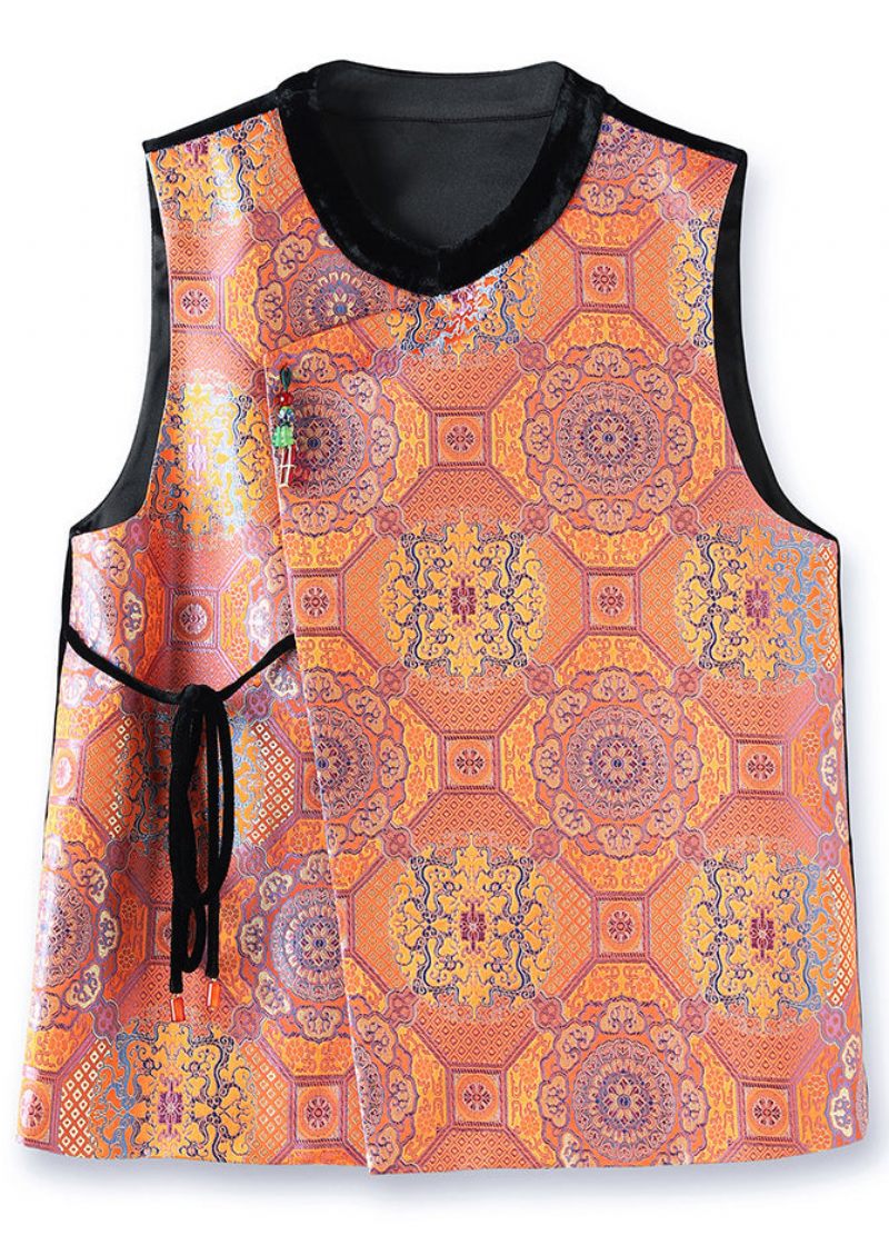 Jacquard Orange O-hals Snørebånd Patchwork Silkevest Ærmeløs - Dame vinterfrakker