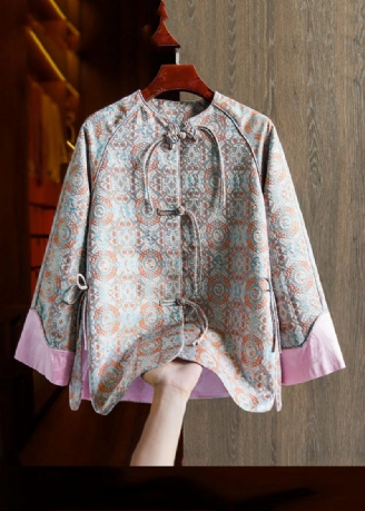 Jacquard Pink Patchwork Side Åben Knap Silk Coat Fall