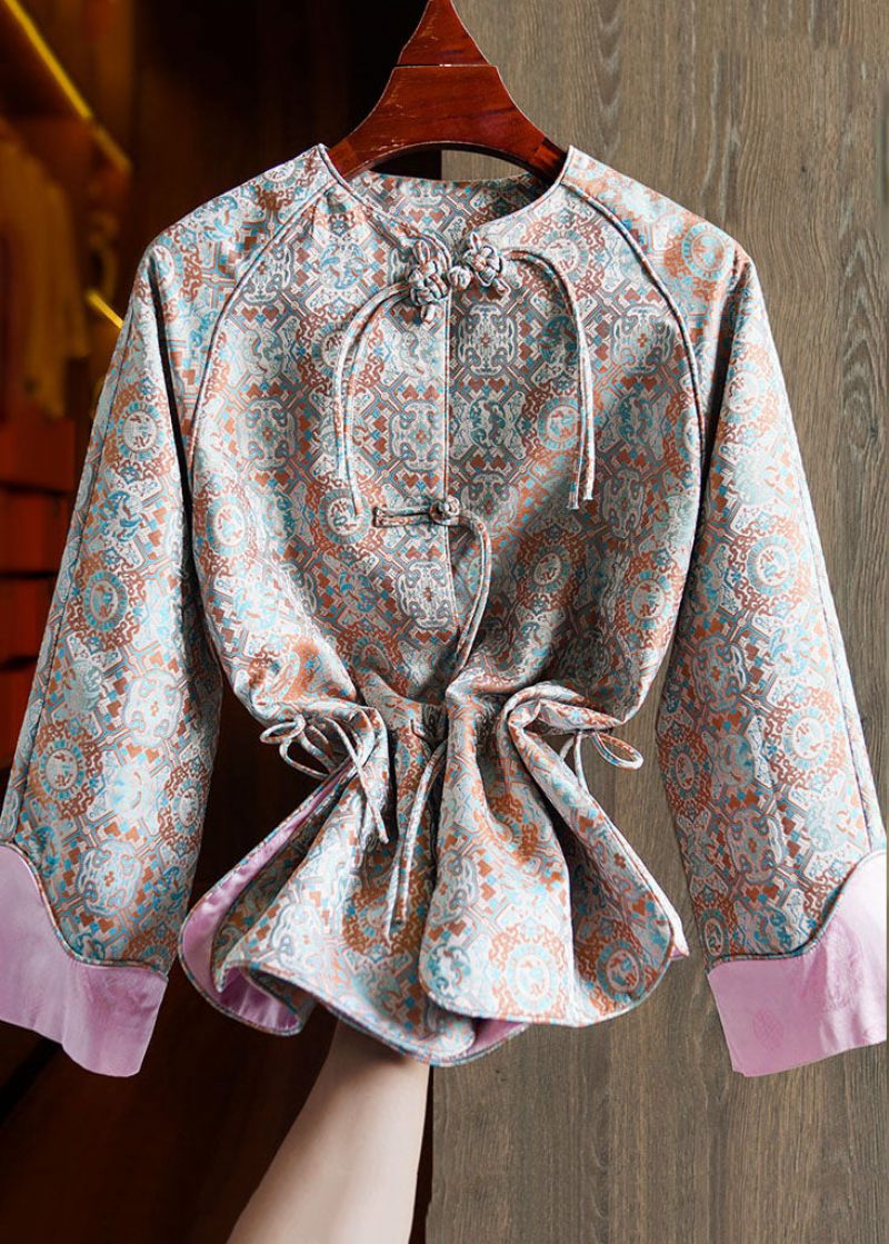 Jacquard Pink Patchwork Side Åben Knap Silk Coat Fall - Dame vinterfrakker