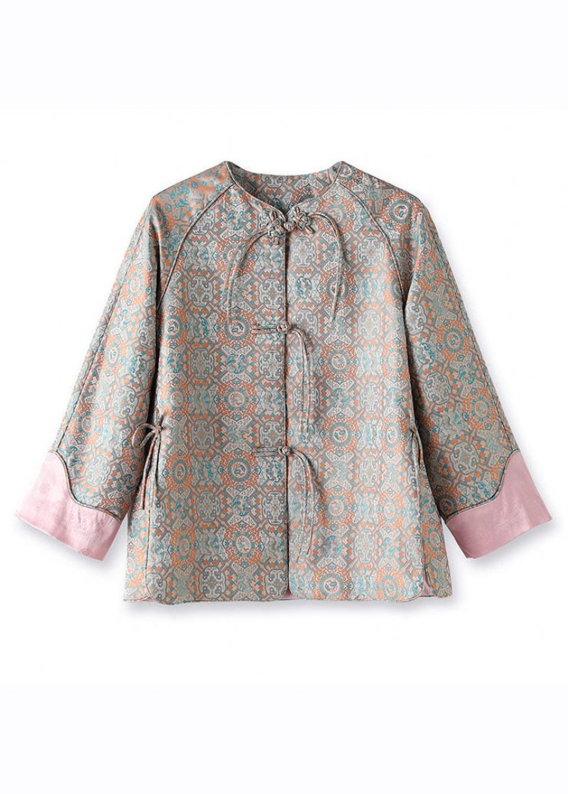 Jacquard Pink Patchwork Side Åben Knap Silk Coat Fall - Dame vinterfrakker