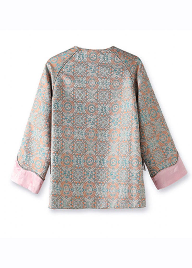 Jacquard Pink Patchwork Side Åben Knap Silk Coat Fall - Dame vinterfrakker