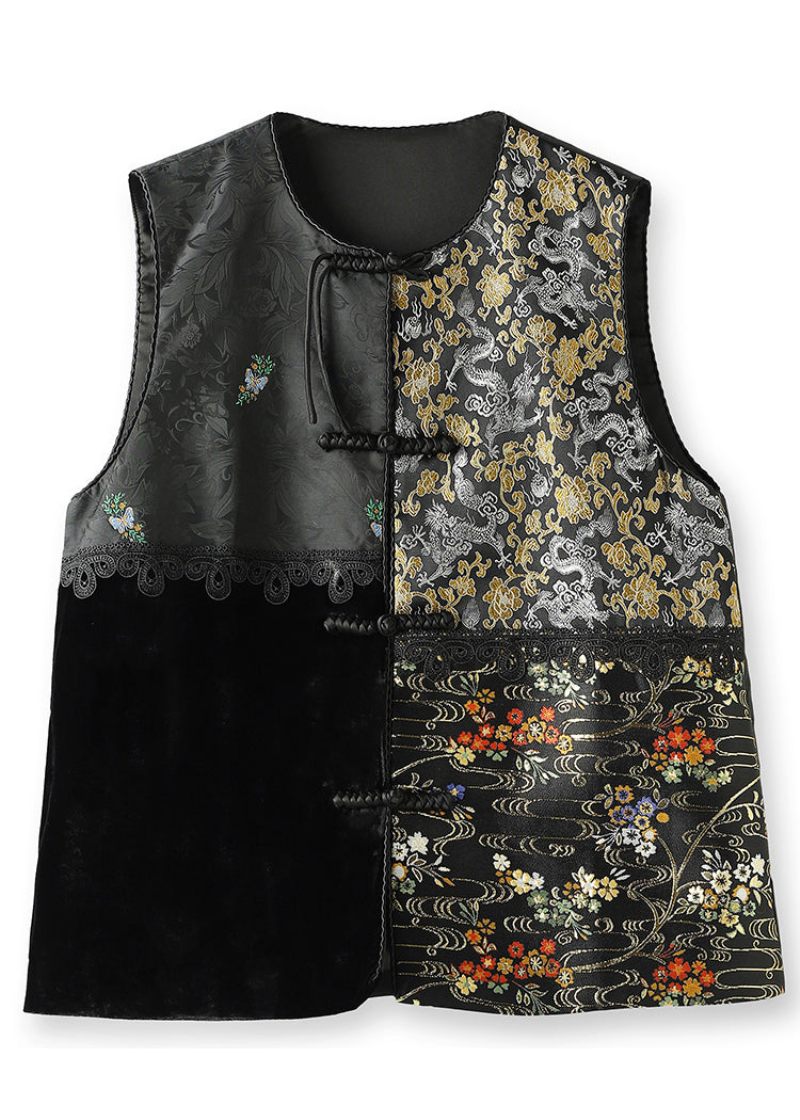 Jacquard Sort Broderet Knap Patchwork Silke Velour Vest Efterår - Dame vinterfrakker