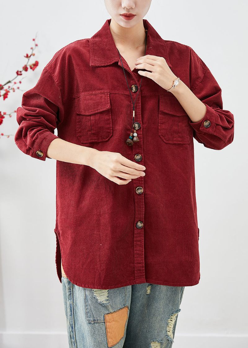 Kedelig Rød Corduroy Skjorte Frakker Oversized Button Down Fall - Dame vinterfrakker