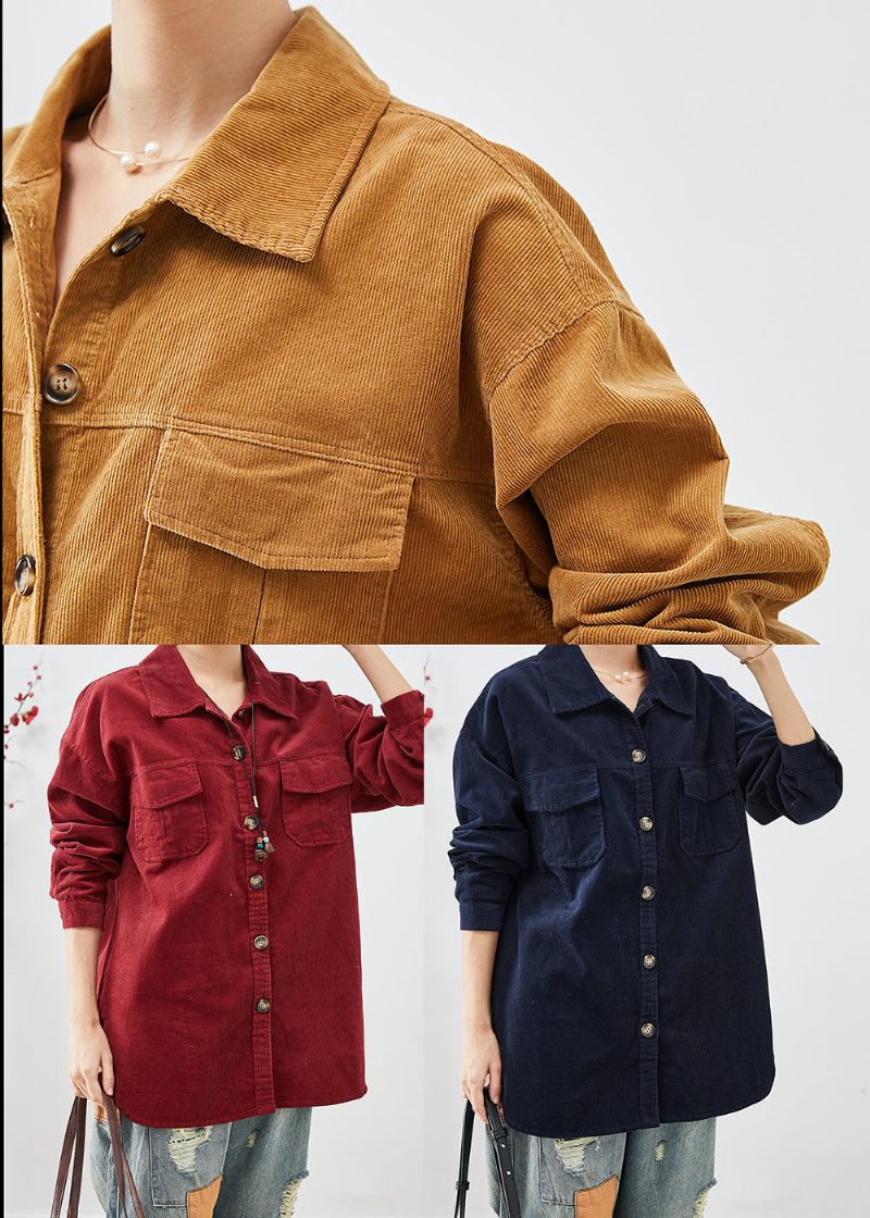 Kedelig Rød Corduroy Skjorte Frakker Oversized Button Down Fall - Dame vinterfrakker