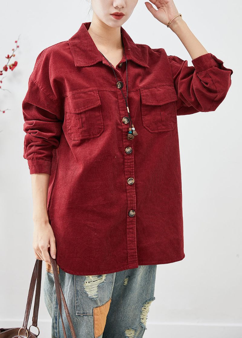 Kedelig Rød Corduroy Skjorte Frakker Oversized Button Down Fall - Dame vinterfrakker