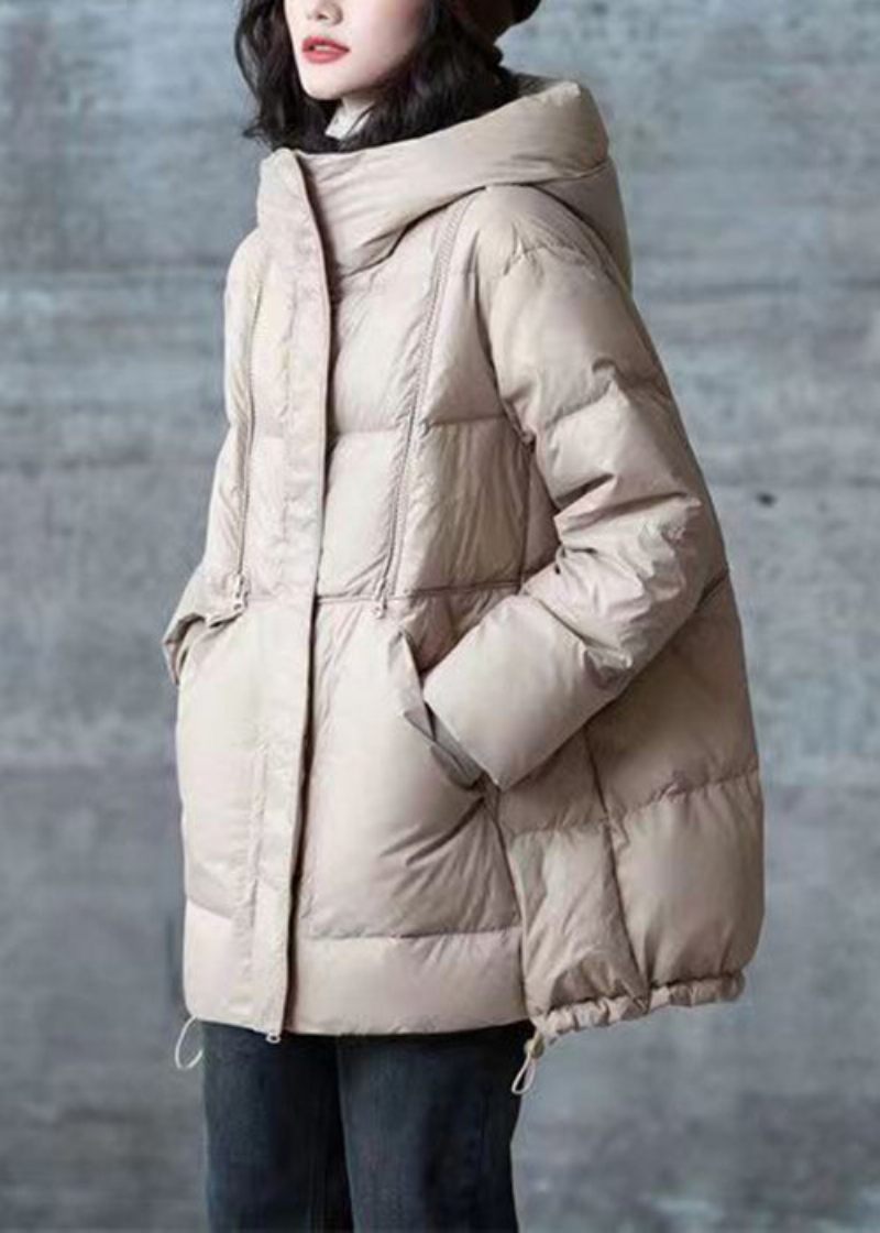 Khaki Lommer Snøre Patchwork Andedun Frakke Zip Up Winter - Dame vinterfrakker