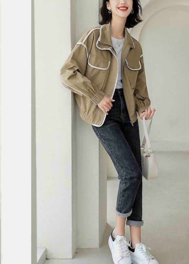 Khaki Loose Coat Outwear Zip Up Lommer Forår - Dame vinterfrakker