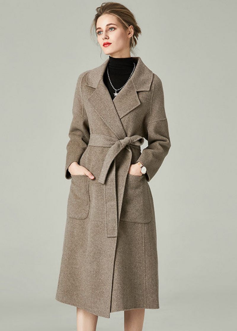 Khaki Solid Woolen Warp Coats Peter Pan Krave Sashes Winter