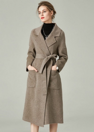 Khaki Solid Woolen Warp Coats Peter Pan Krave Sashes Winter