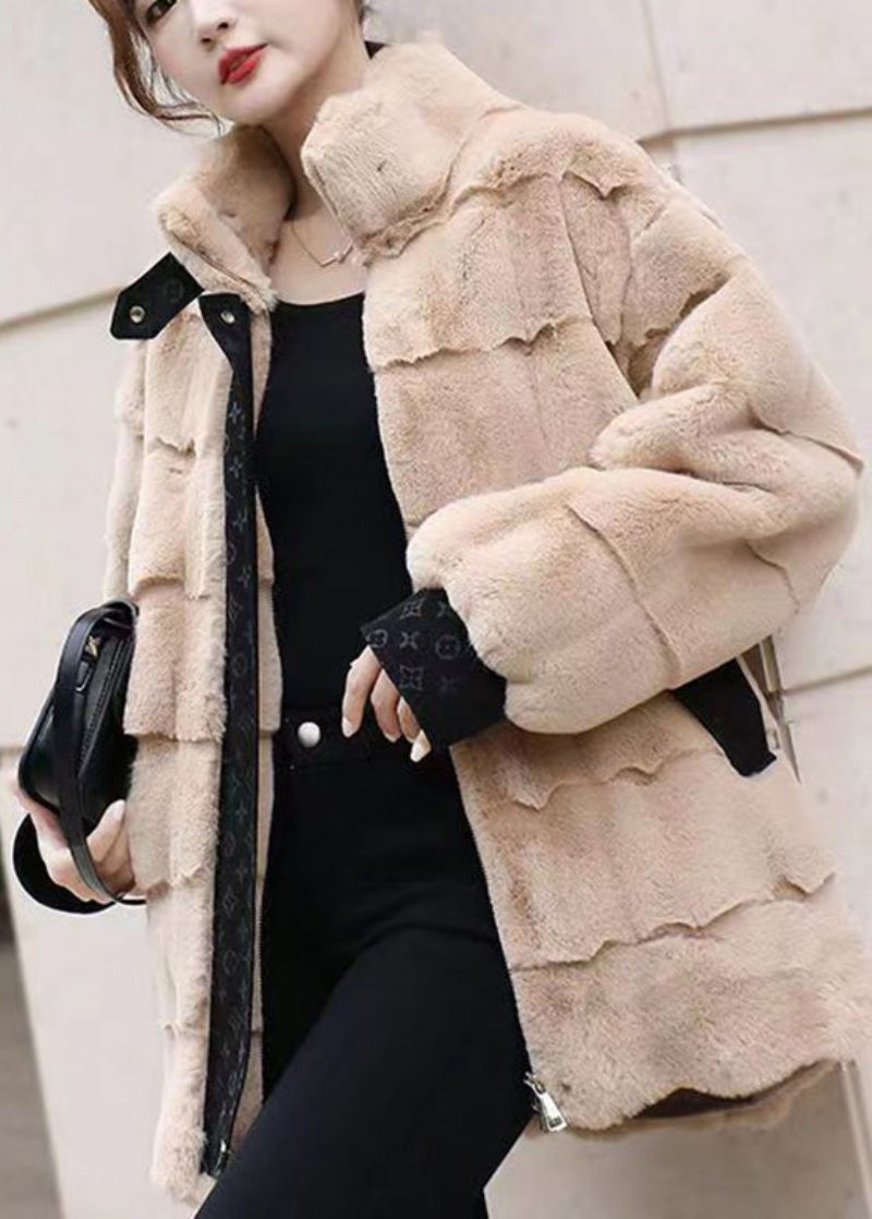 Khaki Stand Krave Lynlås Mink Velvet Coat Vinter - Kaki