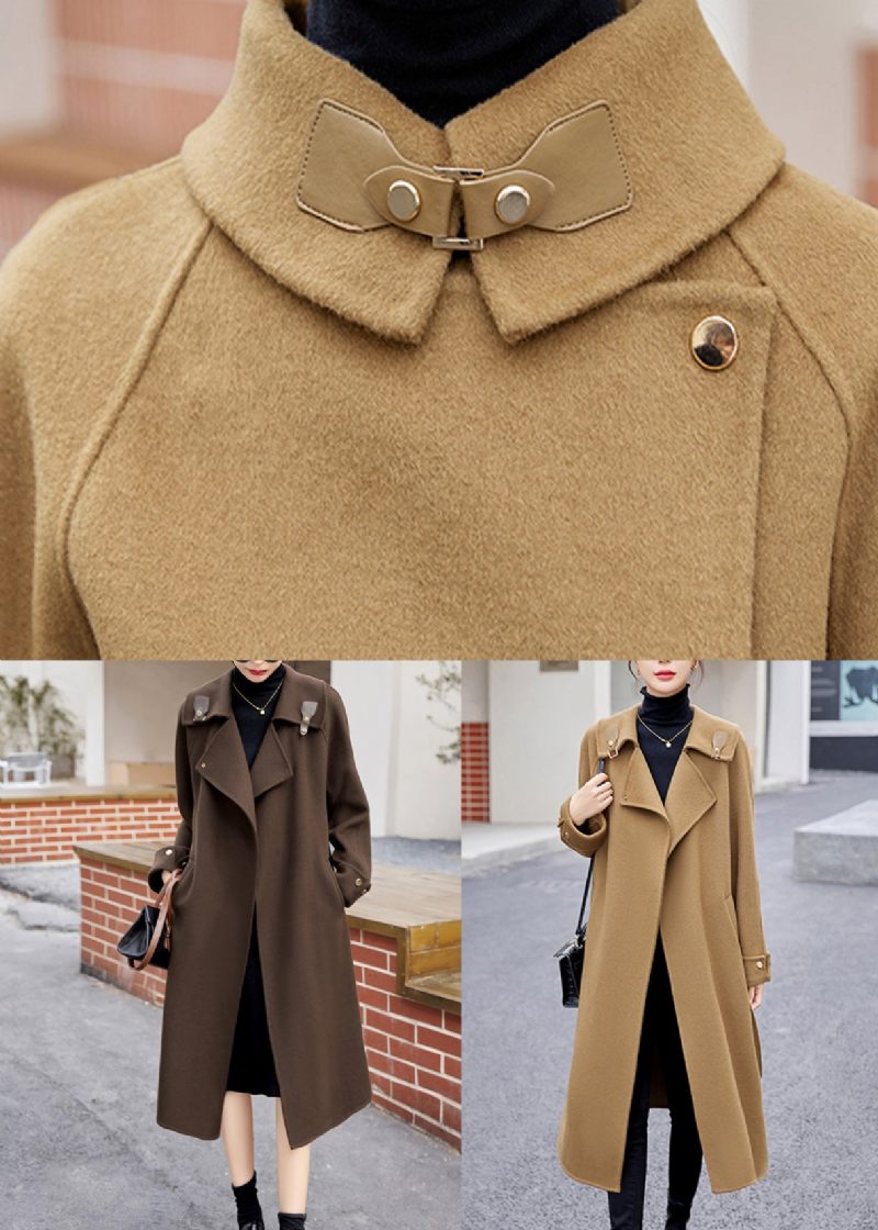 Khaki Tie Talje Patchwork Cashmere Coat Sømandskrave Langærmet - Dame vinterfrakker