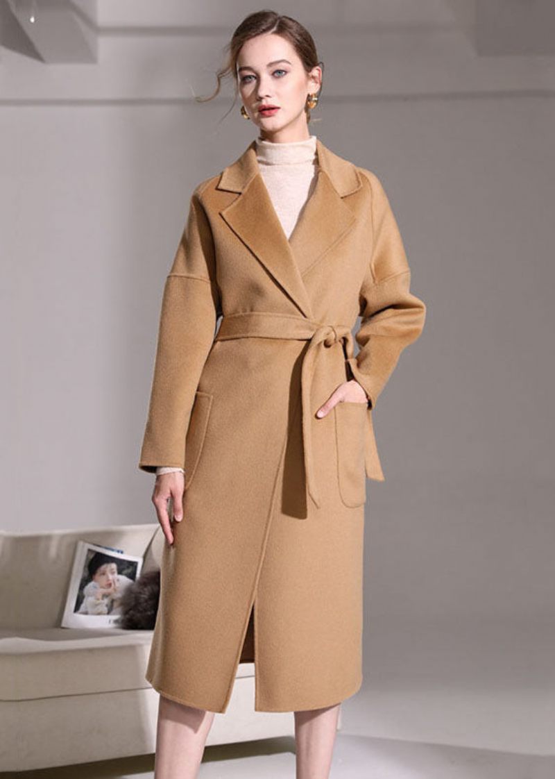 Khaki Woolen Wrap Coat Peter Pan Krave Solid Winter