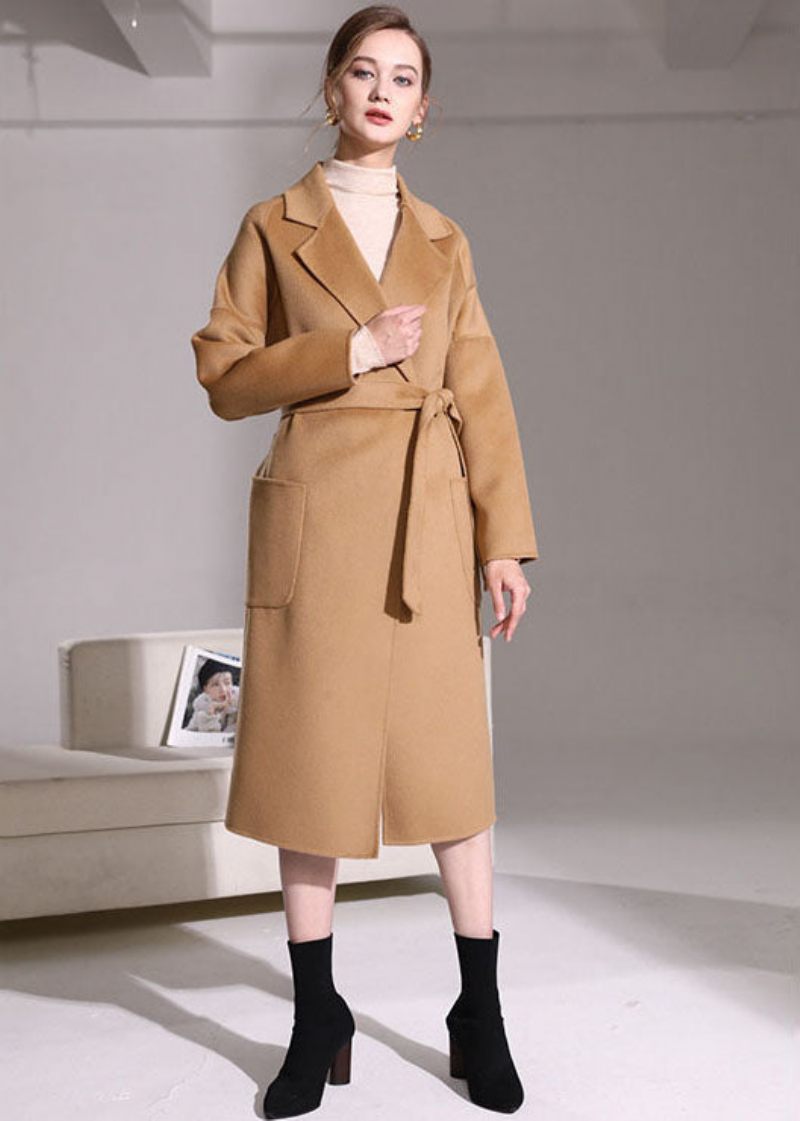 Khaki Woolen Wrap Coat Peter Pan Krave Solid Winter - Kaki