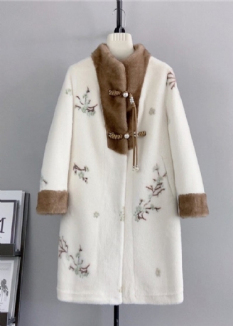 Kinesisk Stil Beige Kvast Broderet Mink Cashmere Frakke Vinter