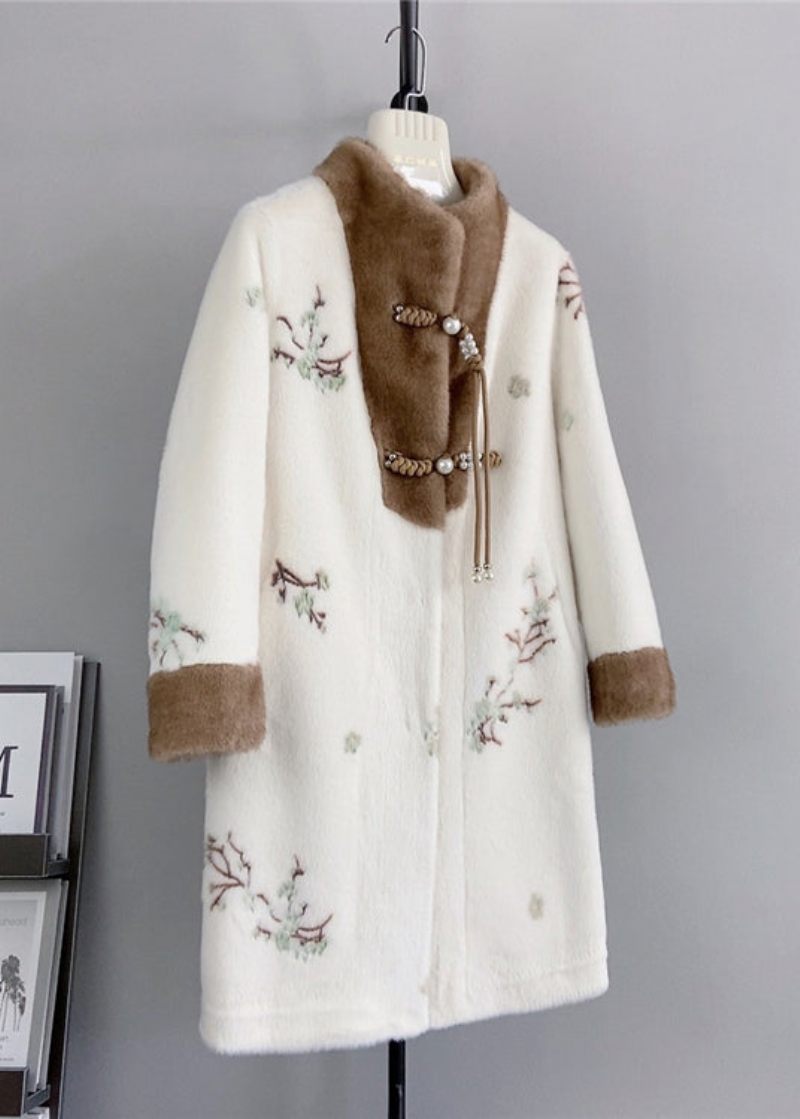 Kinesisk Stil Beige Kvast Broderet Mink Cashmere Frakke Vinter - Dame vinterfrakker