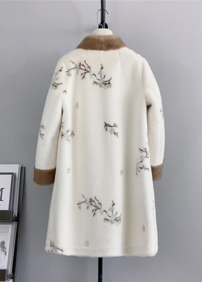 Kinesisk Stil Beige Kvast Broderet Mink Cashmere Frakke Vinter - Dame vinterfrakker