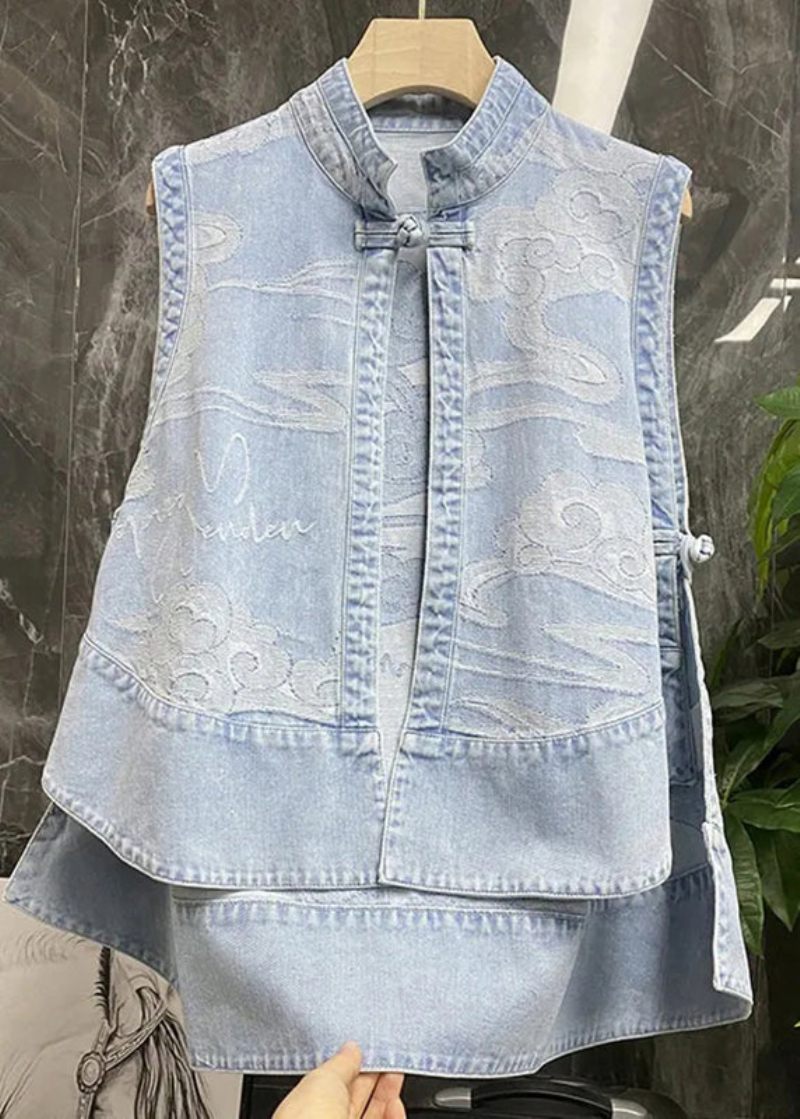 Kinesisk Stil Blå Stand Krave Print Patchwork Lav Høj Design Denim Vest Sommer