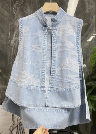 Kinesisk Stil Blå Stand Krave Print Patchwork Lav Høj Design Denim Vest Sommer