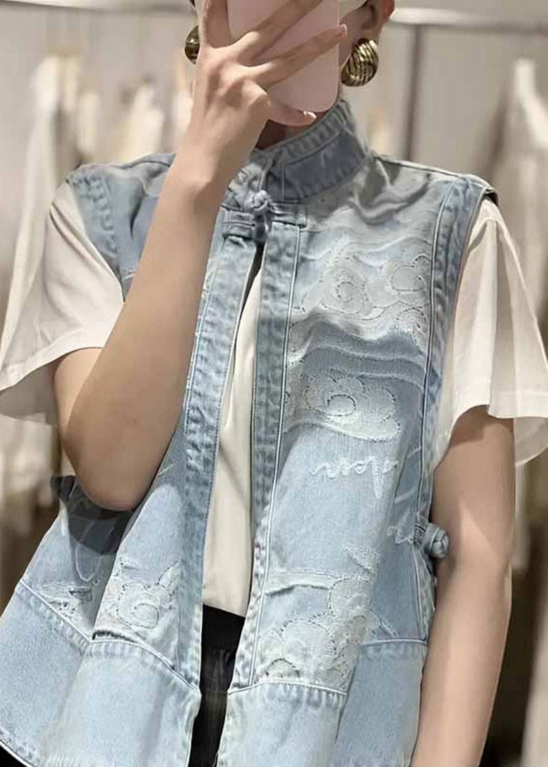 Kinesisk Stil Blå Stand Krave Print Patchwork Lav Høj Design Denim Vest Sommer - Dame vinterfrakker