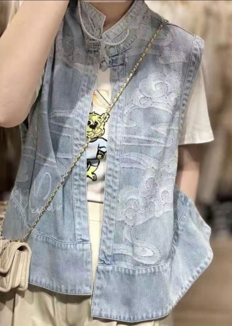 Kinesisk Stil Blå Stand Krave Print Patchwork Lav Høj Design Denim Vest Sommer - Dame vinterfrakker