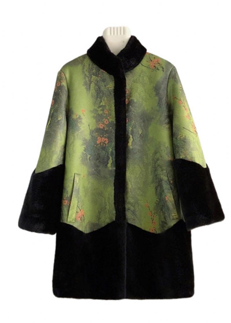 Kinesisk Stil Colorblock Stand Krave Patchwork Mink Velvet Coat Vinter - Dame vinterfrakker