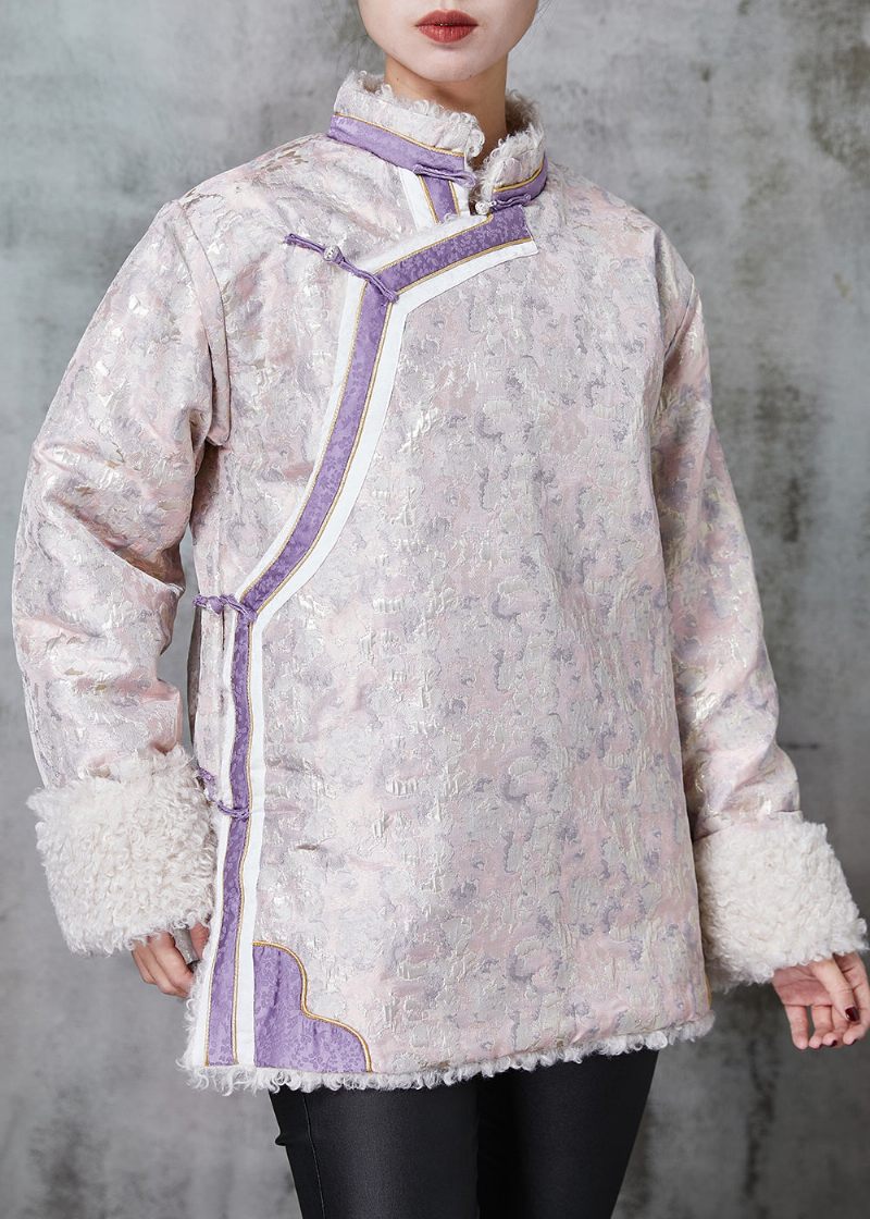 Kinesisk Stil Pink Jacquard Fleece Uld Foret Frakker Forår - Dame vinterfrakker