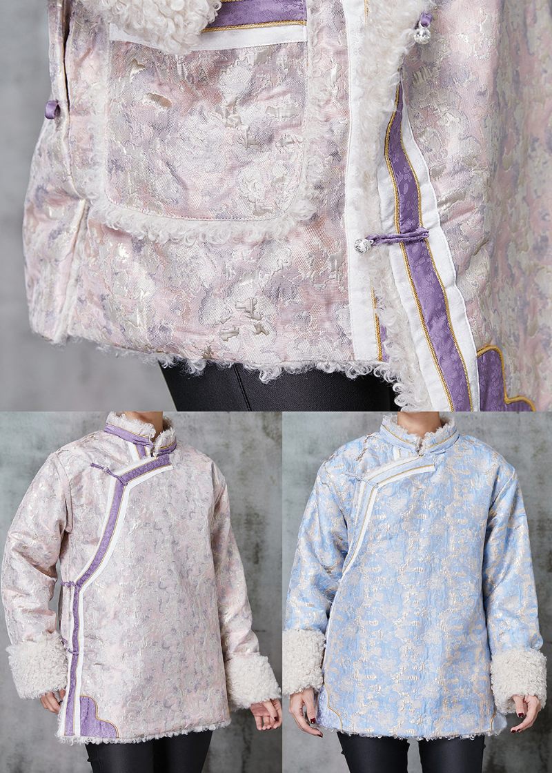 Kinesisk Stil Pink Jacquard Fleece Uld Foret Frakker Forår - Dame vinterfrakker