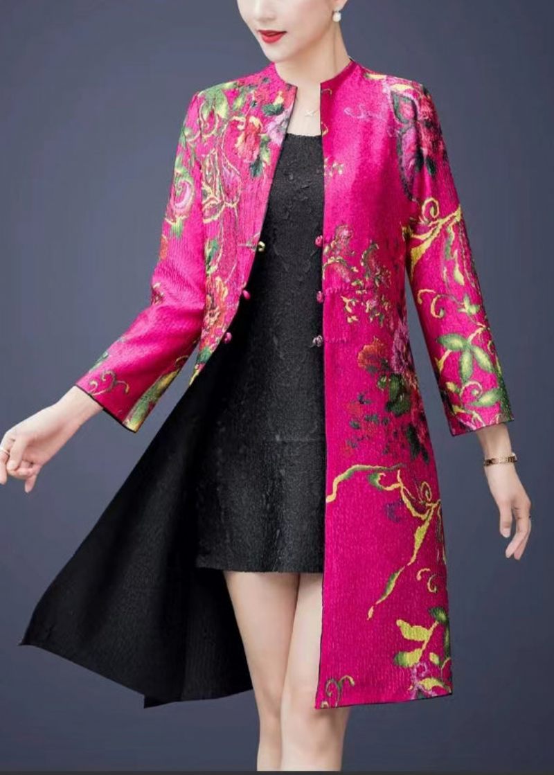 Kinesisk Stil Rose Rynket Print Slid På Begge Sider Silk Coat Fall