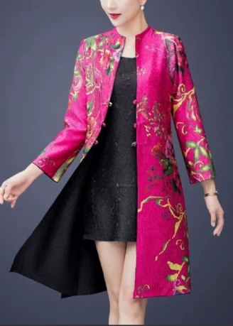 Kinesisk Stil Rose Rynket Print Slid På Begge Sider Silk Coat Fall