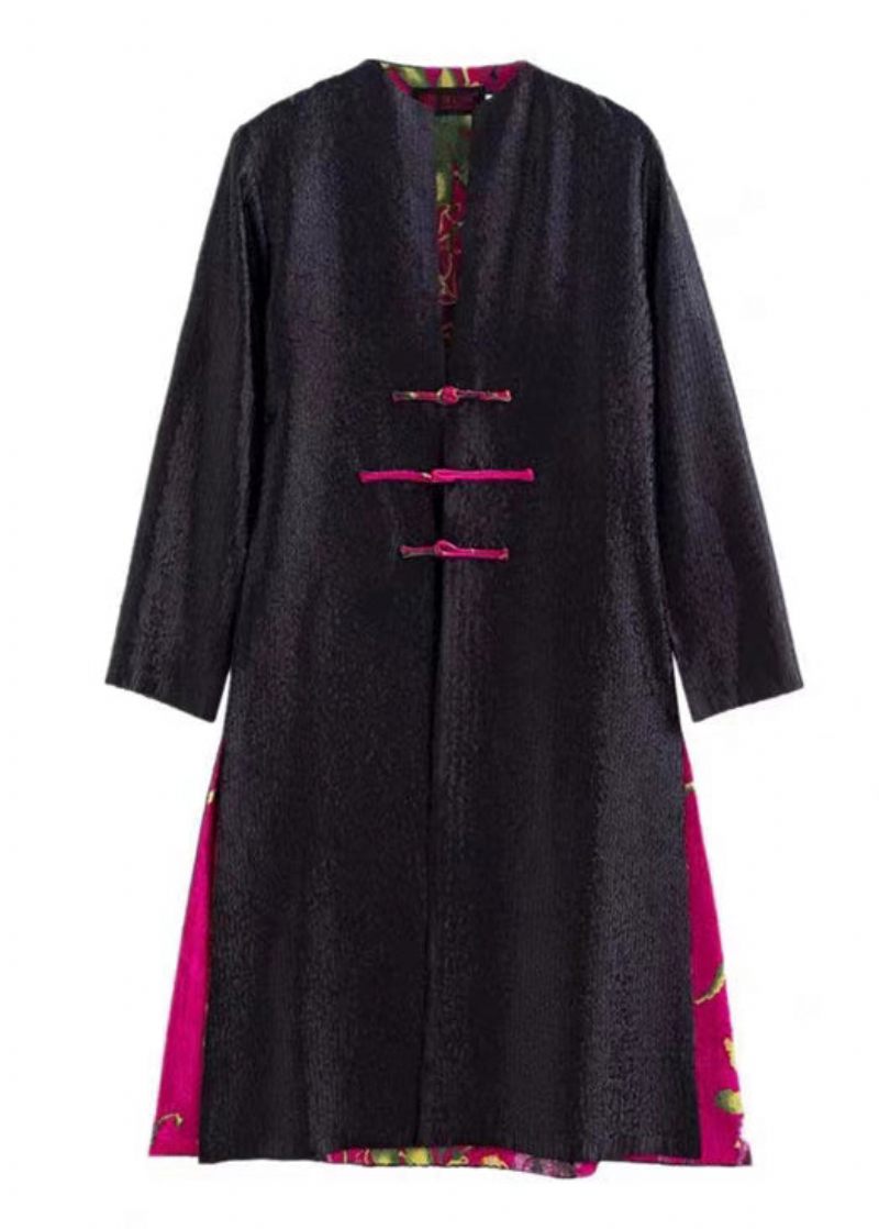 Kinesisk Stil Rose Rynket Print Slid På Begge Sider Silk Coat Fall - Dame vinterfrakker