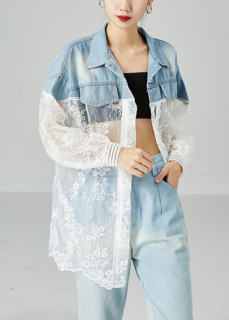 Klassisk Colorblock Broderet Patchwork Hollow Out Denim Coat Outwear Sommer