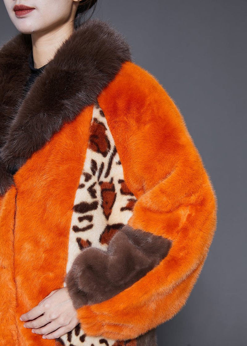 Klassisk Orange Pelskrave Patchwork Leopard Imiteret Pelsfrakke Vinter - Dame vinterfrakker