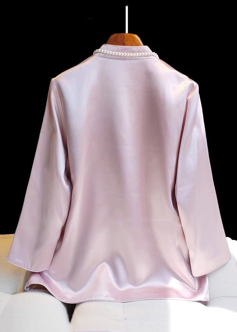 Klassisk Pink Stand Krave Broderet Knap Silk Coat Spring - Dame vinterfrakker