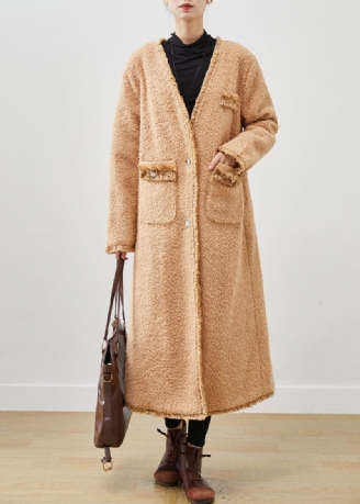 Klassiske Khaki Oversized Lommer Faux Fur Teddy Coats Spring