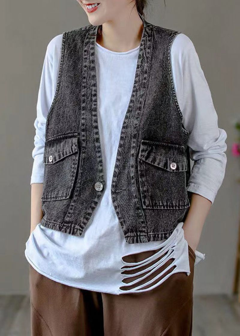 Klassiske Sorte V-halslommer Patchwork Denimvest Efterår