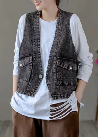 Klassiske Sorte V-halslommer Patchwork Denimvest Efterår