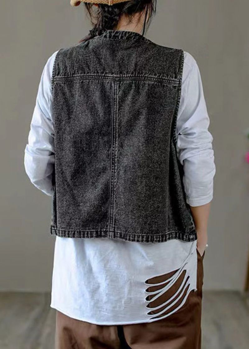 Klassiske Sorte V-halslommer Patchwork Denimvest Efterår - Dame vinterfrakker