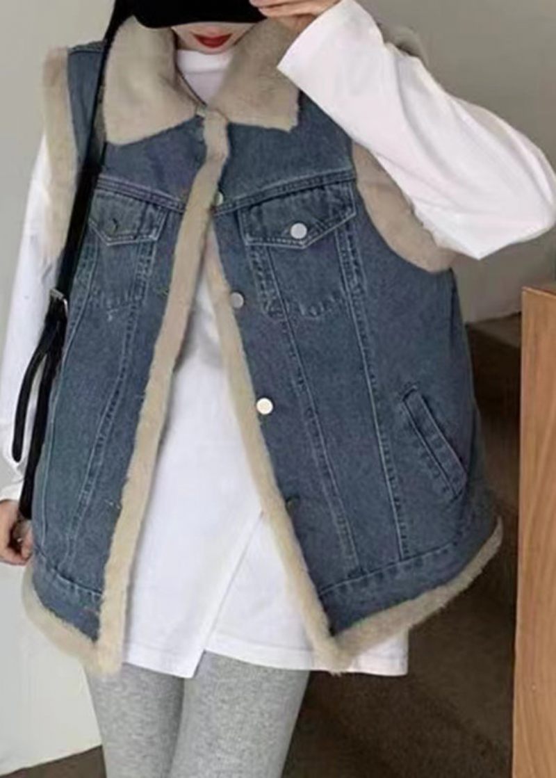 Kunst Blå Peter Pan Krave Patchwork Varm Fleece Imiteret Pels Denim Vest Uden Ærmer - Blå