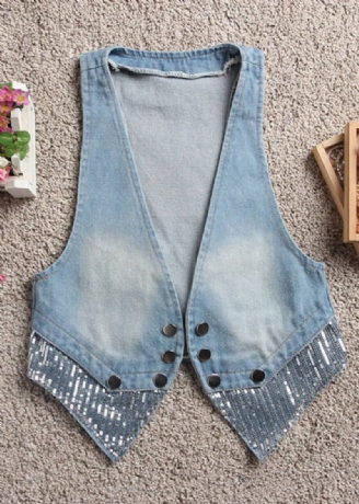 Kunst Lyseblå V-hals Patchwork Knap Denim Vest Efterår