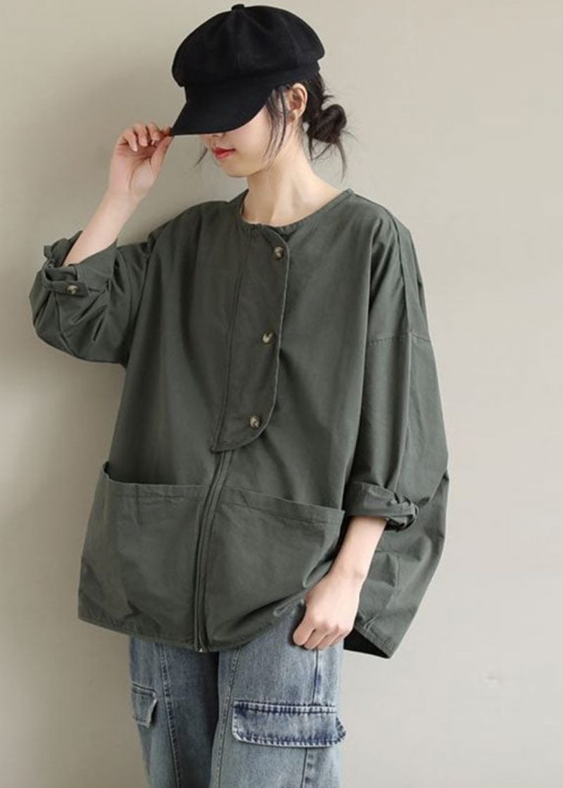 Kvinder Army Green Zip Up Lommer Bomuld Coat Spring